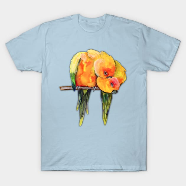 Two cuddling sun conures T-Shirt by Bwiselizzy